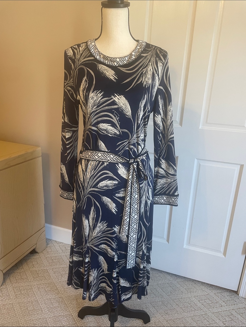 Tory Burch Navy and White Long Sleeve Belted Midi Dress